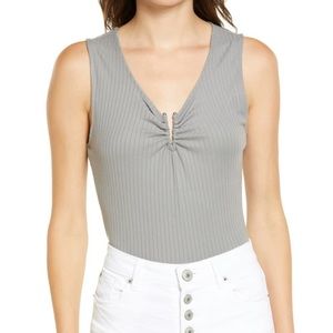 NEW Love, Fire Metal Notch Grey Ribbed Bodysuit NWT